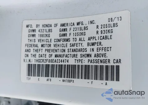 2014 Honda Accord Ex-L z USA, uszkodzony, nr VIN 1HGCR2F86EA034474